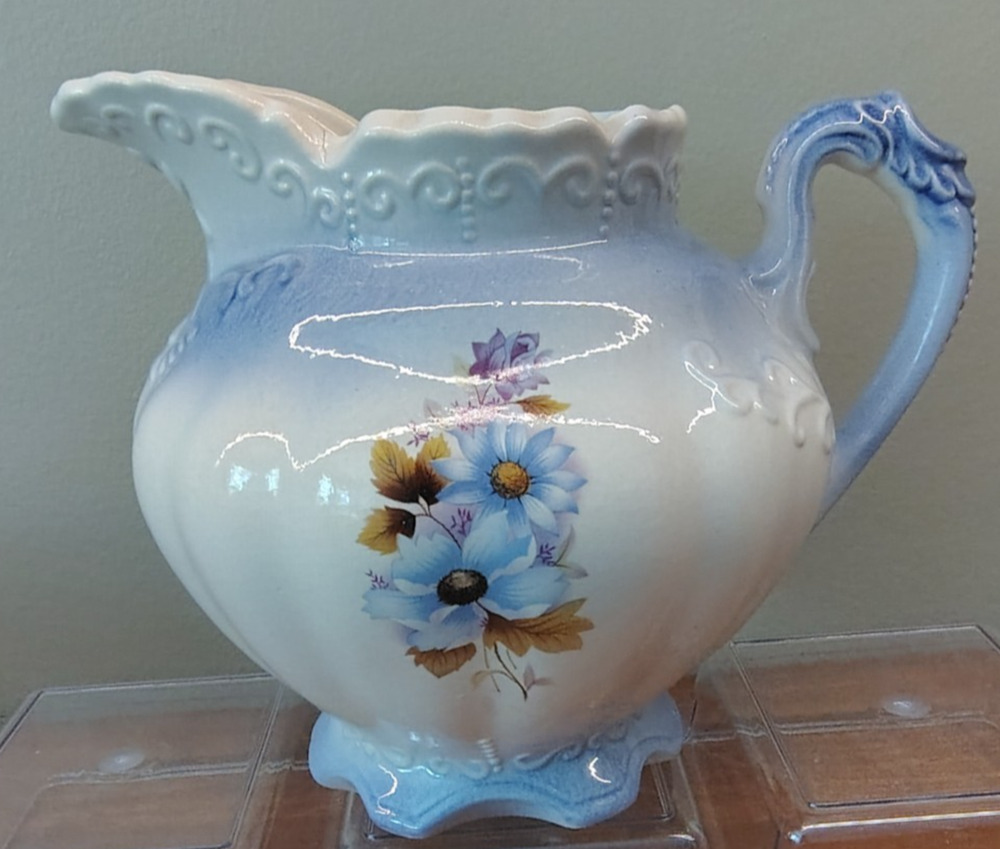 R.S. Prussia Pitcher Vase Cornflower Blue Purple Flower Golden Leaves Ornate